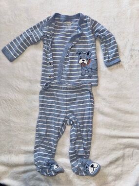Carter's Blue & White Striped snap two piece Footed pajamas with Puppy Applique